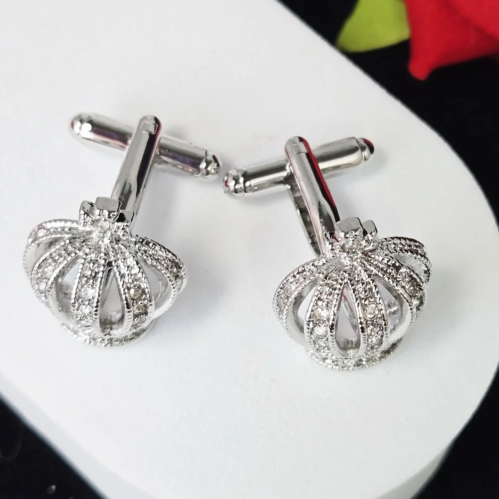 Royal Crown Cufflinks Silver Rhinestone King Regal French Cuff Formal Wedding